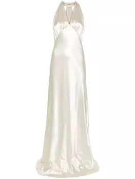 Saint Laurent атласное макси-платье с халтернеем, белый