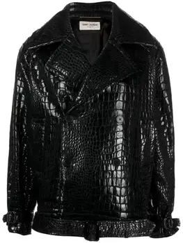Saint Laurent двубортное кожаное пальто, черный