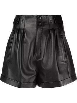 Saint Laurent кожаные шорты с завышенной талией и складками, черный