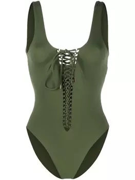 Saint Laurent купальник с квадратным вырезом и шнуровкой, зеленый