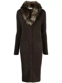 Saint Laurent платье-кардиган с искусственным мехом, коричневый