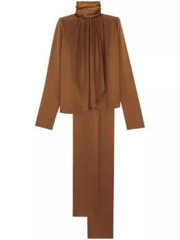 Saint Laurent шелковая блузка с бантом, коричневый