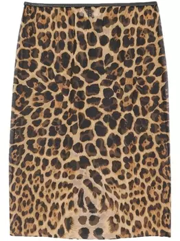 Saint Laurent шелковая юбка миди с леопардовым принтом, коричневый