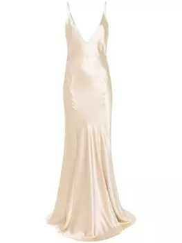 Saint Laurent шелковое платье макси с V-образным вырезом, нейтральный цвет