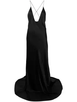 Saint Laurent шелковое платье с V-образным вырезом, черный