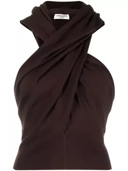 Saint Laurent шерстяной топ с открытой спиной и капюшоном, коричневый