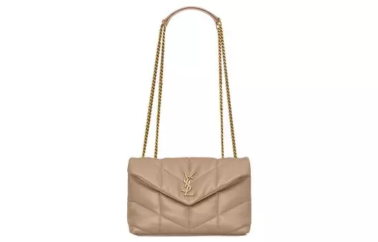 SAINT LAURENT Сумка-мессенджер из овчины PUFER, женская, темно-бежевого цвета, через плечо