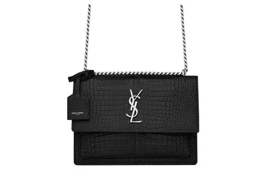 SAINT LAURENT Сумка Sunset Crocodile Embossed Shiny Leather Medium Black