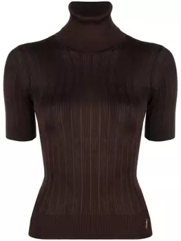 Saint Laurent топ в рубчик с высоким воротником, коричневый