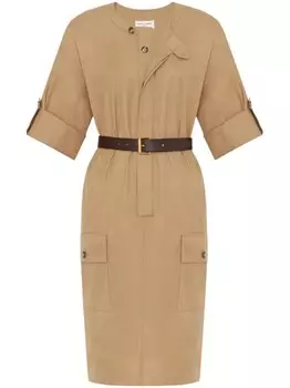 Saint Laurent твиловое платье с поясом, нейтральный цвет