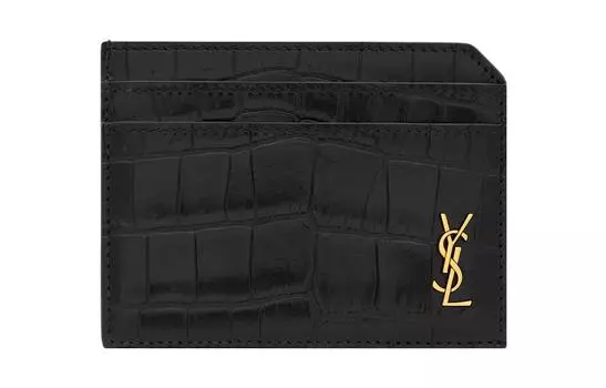 SAINT LAURENT Визитница из матовой кожи с тиснением под крокодила, мужская, черная