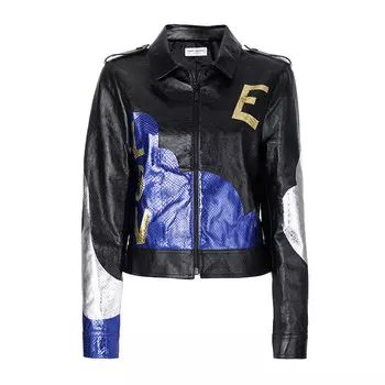 SAINT LAURENT Женская кожаная куртка синего, черного и разноцветного цветов