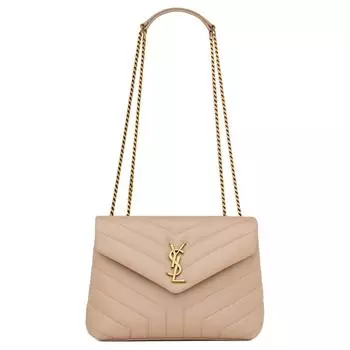 SAINT LAURENT Женская стеганая кожаная сумка через плечо Trumpets, темно-бежевого цвета