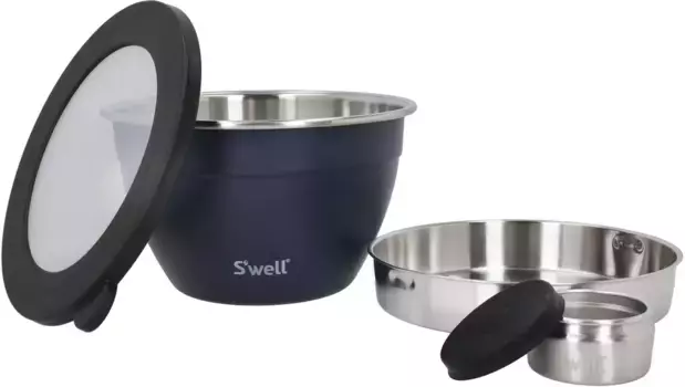 Салатница S'well "S'well Calacatta Gold Salad Bowl Kit, 1,9 л ", 3 предмета, изготовлена из нержавеющей стали, технология Therma-S'well, с внешней оболочкой с вакуумной изоляцией 21х12 см, цвет Azurit