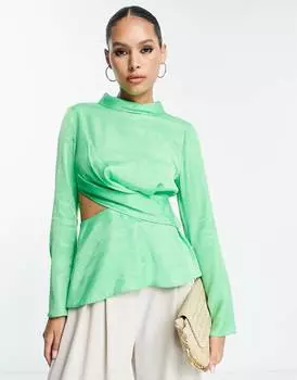 Салатовый топ премиум-класса с длинными рукавами и вырезами с драпировкой Topshop