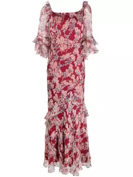 Saloni длинное шелковое платье с цветочным принтом, красный