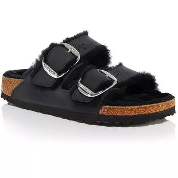 Сандалии Arizona Big Buckle Shearling Mens Leather Footbed Slide Birkenstock, черный