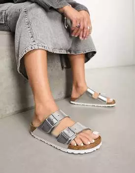 Сандалии Birkenstock Arizona серебристого цвета с металликом