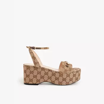 Сандалии бренда Horsebit на плоской подошве из парусины Gucci, бежевый
