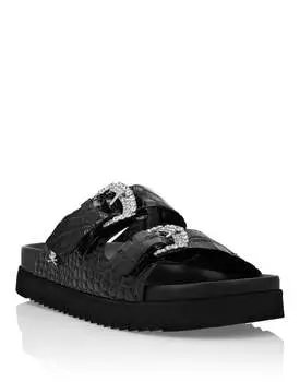 Сандалии из кожи с крокодиловым принтом Flat Crystal PHILIPP PLEIN, черный