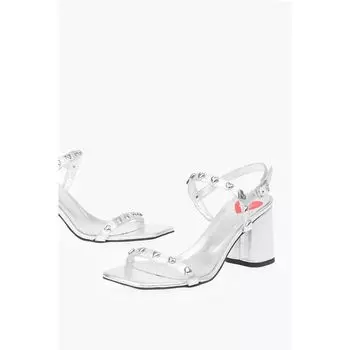 Сандалии LOVE из ламинированной кожи на толстом каблуке с заклепками Moschino, Silver