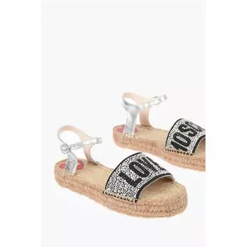 Сандалии LOVE из ламинированной кожи с ремешком на щиколотке и стразами Moschino, Silver