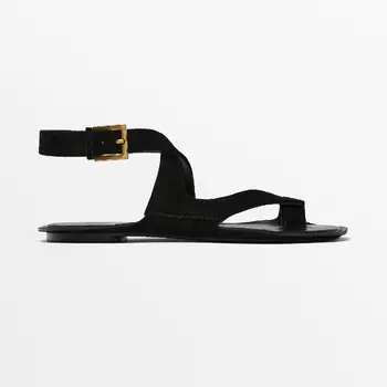 Сандалии Massimo Dutti Split Suede Flat, черный