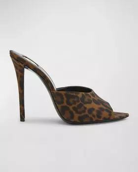 Сандалии-мюли Goldie с леопардовым принтом на шпильке Saint Laurent, цвет Manto Naturale