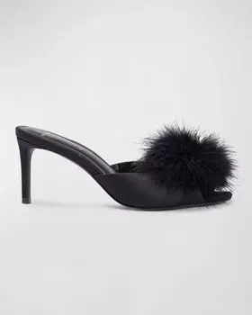 Сандалии-мюли Ricca с перьями и помпонами Black Suede Studio, цвет Black Satin / Matching Feathers