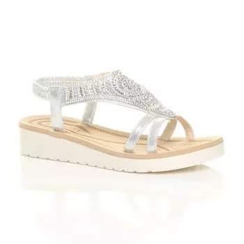Сандалии на низкой танкетке со стразами и Т-образным ремешком на пятке на плоской подошве AJVANI, серебро