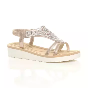 Сандалии на низкой танкетке со стразами и Т-образным ремешком на пятке на плоской подошве AJVANI, розовое золото