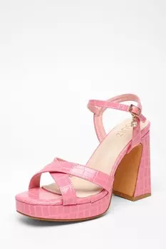 Сандалии на платформе и каблуке с перекрестными ремешками из розовой крокодиловой кожи QUIZ Clothing