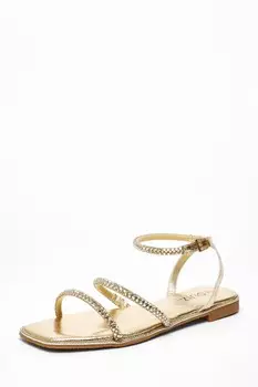 Сандалии на плоской подошве с двойным ремешком и золотыми стразами QUIZ Clothing