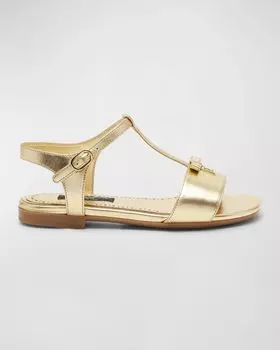 Сандалии на плоской подошве с медальоном и металлизированными ремешками для девочек Dolce&Gabbana, цвет Gold
