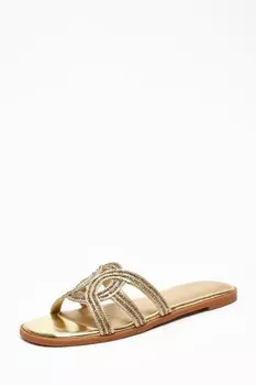Сандалии на плоской подошве со стразами золотистого цвета QUIZ Clothing