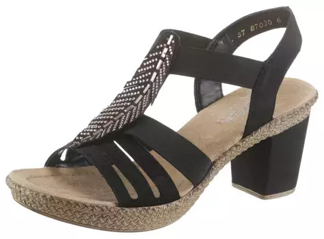 Сандалии Rieker, летние туфли, босоножки, каблук-платформа, декорированные стразами, черный