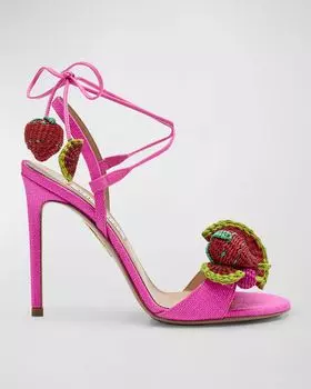 Сандалии с завязками на щиколотке из рафии Strawberry Punch Aquazzura, цвет Ultra Pink