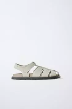 Сандалии в кожаную клетку ZARA, цвет Ecru White