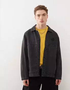 Санта-Крус - стираная черная рабочая джинсовая куртка с логотипом и планкой на пуговицах Santa Cruz