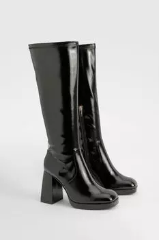 Сапоги до колена Boohoo с блочным каблуком, черный