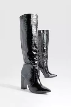 Сапоги до колена с крокодиловым каблуком boohoo, черный