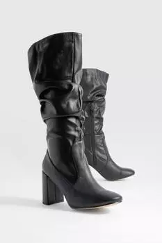 Сапоги до колена с напуском на блочном каблуке boohoo, черный
