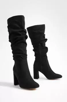 Сапоги до колена с напуском на блочном каблуке boohoo, черный