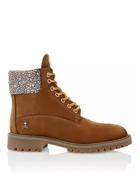 Сапоги из набука на низкой плоской подошве с кристаллами The Hunter Philipp Plein, бежевый
