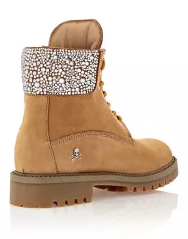 Сапоги из набука на низкой плоской подошве с кристаллами The Hunter Philipp Plein, бежевый