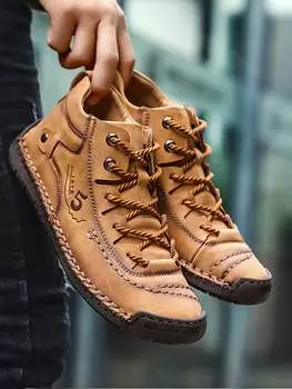 Сапоги мужские, удобные, узор, цифры, ремешок спереди, ручная работа, коричневый