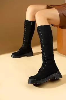 Сапоги ниже колена на удобной подошве на молнии. Женские сапоги 001-8673-22Замша Pembe Potin, черный