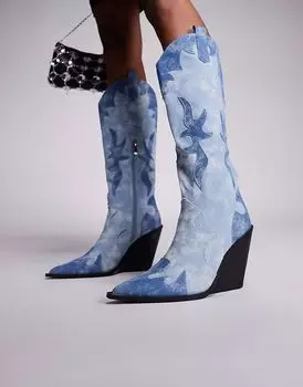 Сапоги Public Desire Underwood в ковбойском стиле на блочном каблуке до колена из смешанного денима