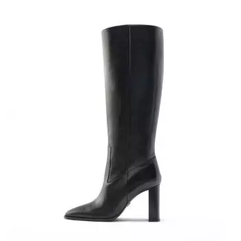 Сапоги Zara Leather Block Heel Knee-high, чёрный