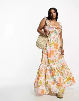 Сарафан макси с рюшами и кружевными вставками ASOS DESIGN Curve в стиле ретро с цветочным принтом